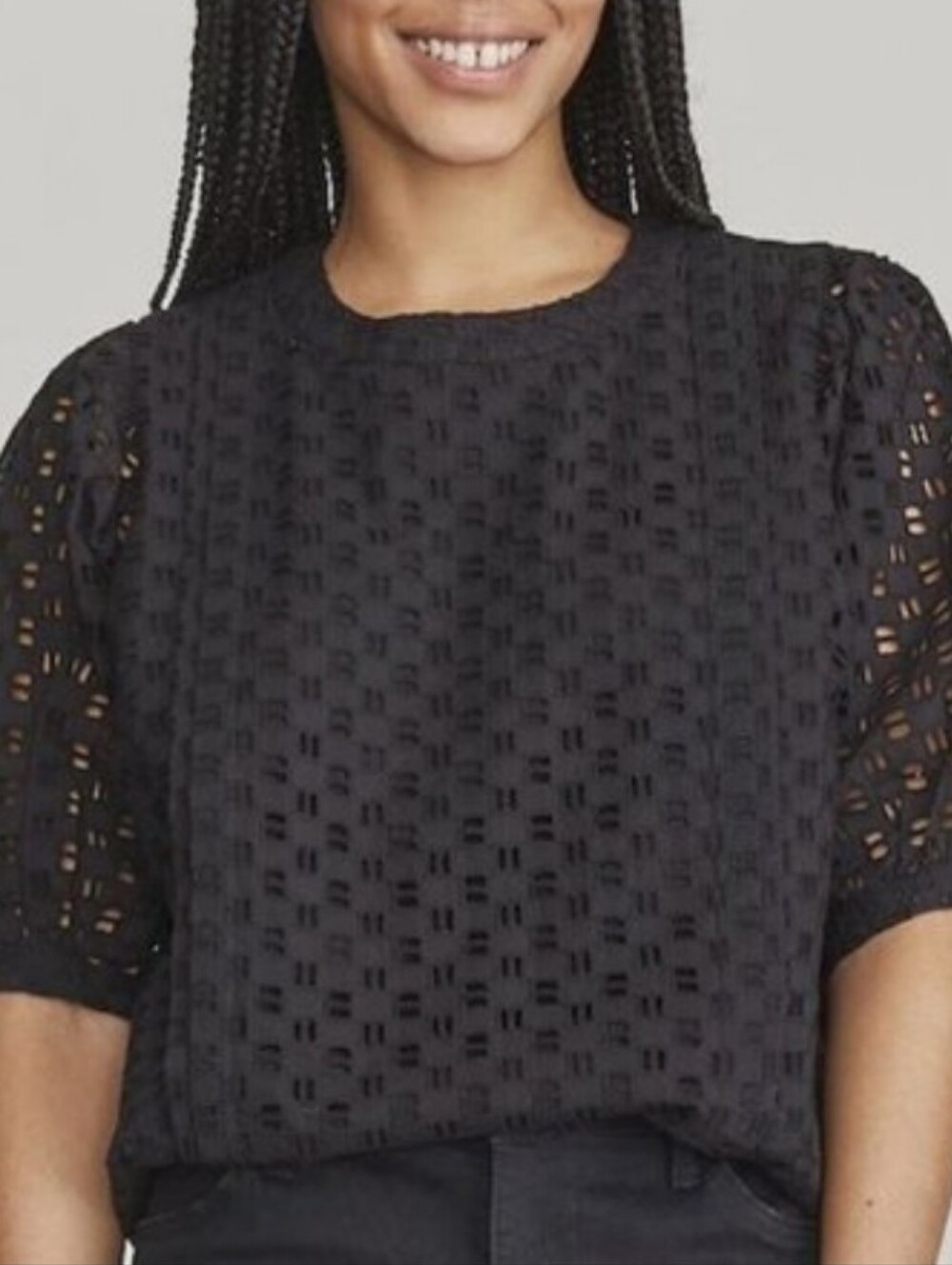 Elizabeth & James Black Eyelet Puff Short Sleeve Blouse Top M Boho Cottagecore